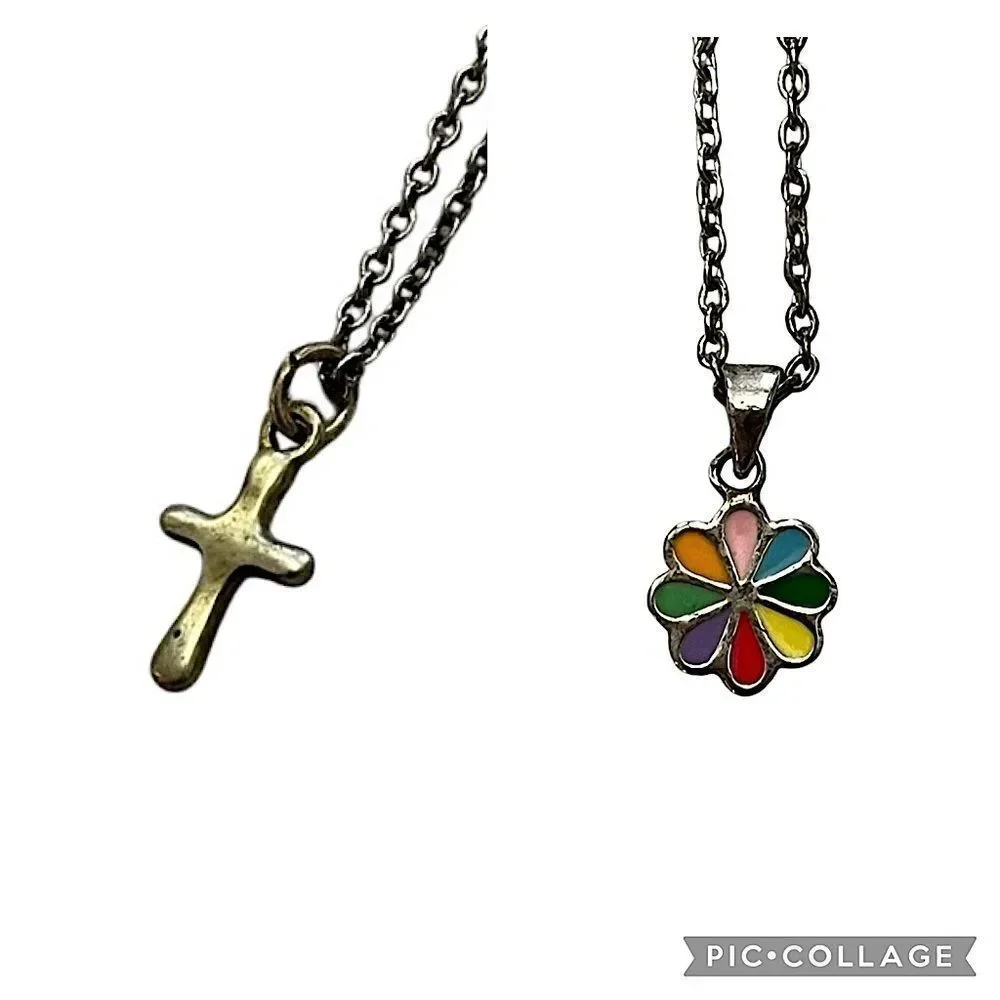 2 Sterling Silver Children’s Necklaces - Cross & Colorful Flower Pendants